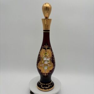 VTG Bohemian Glass Ruby Red Decanter Gold Floral Gilded Stopper Hand Painted